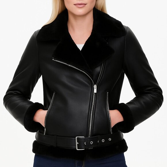 NWT AVIATOR GENUINE LEATHER, SHEARLING Women's Jacket Black/Black - Picture 1 of 3